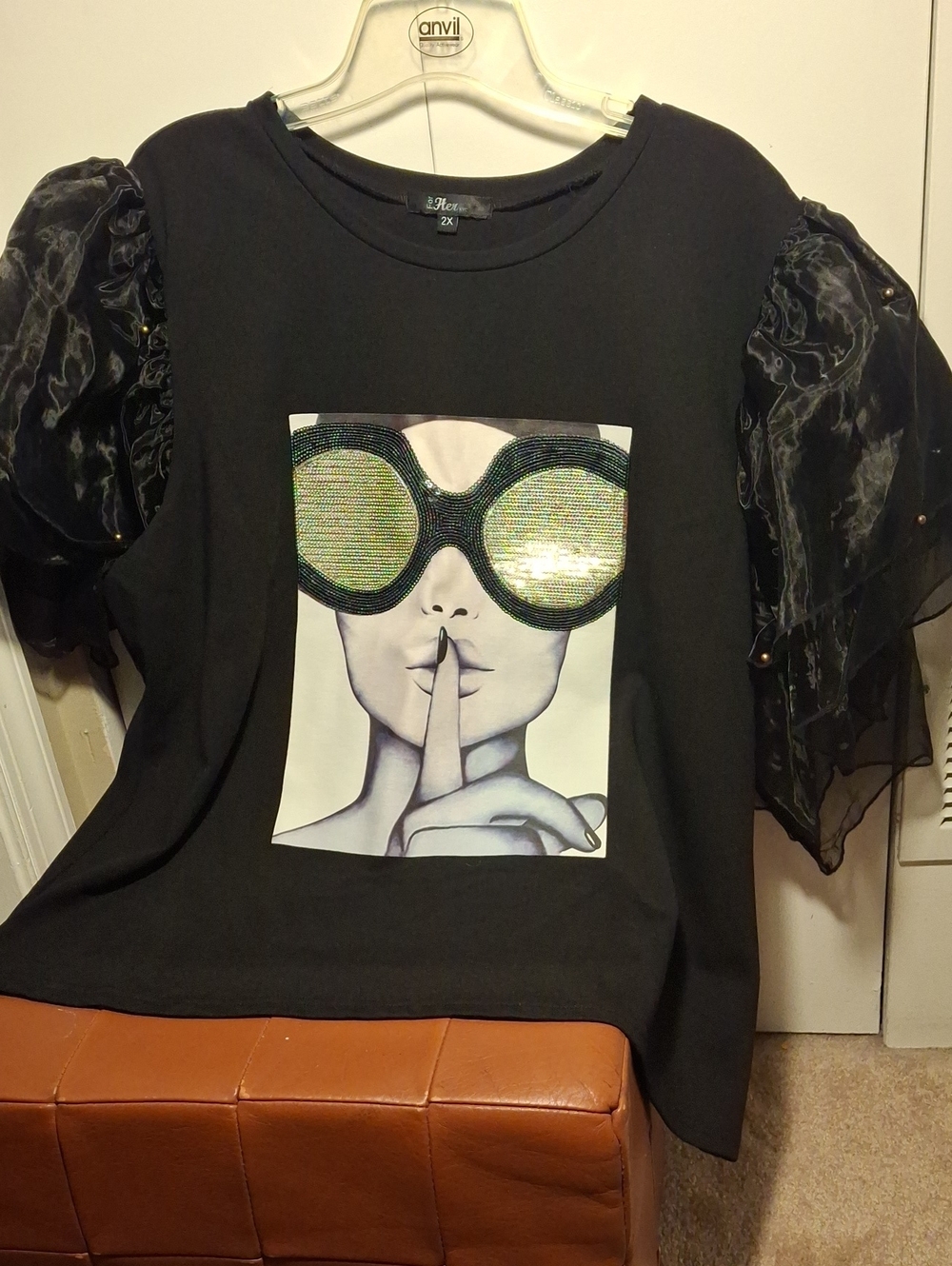 for HER NYC Black Graphic Puff-Sleeve Top with Sequin Sunglasses Print